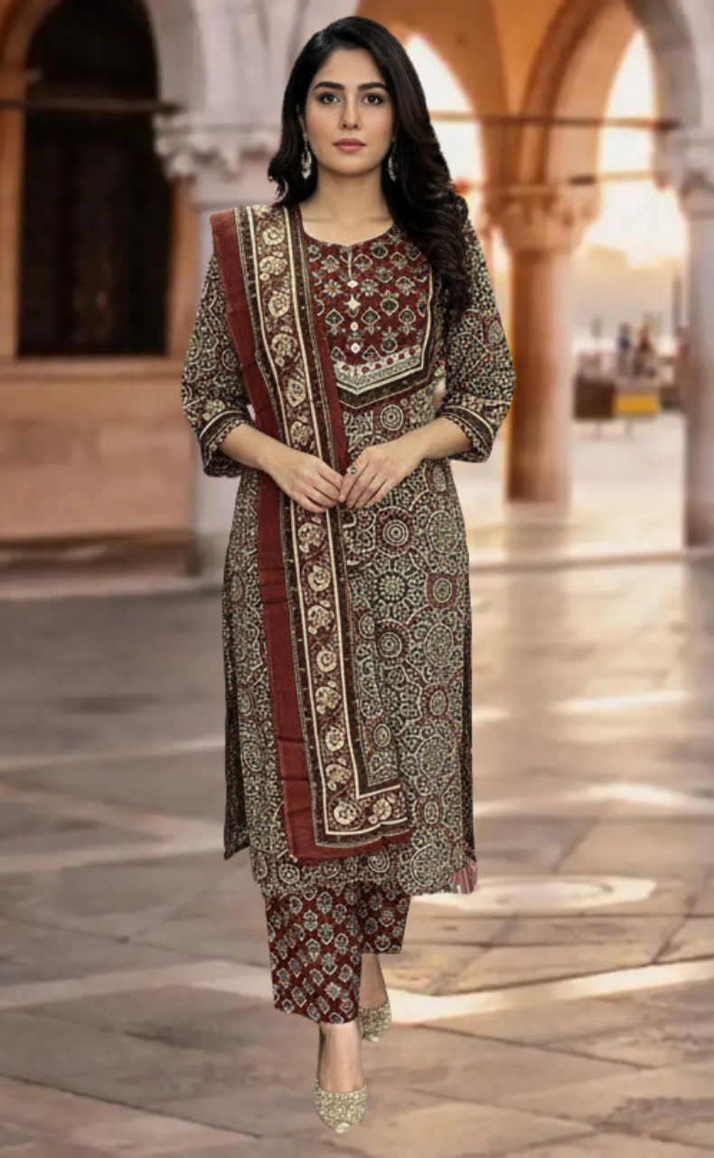 Dark Maroon Ajrakh Jaipur Cotton Kurti With Pant And Dupatta Set. Pure Versatile Cotton. | Laces and Frills - Laces and Frills
