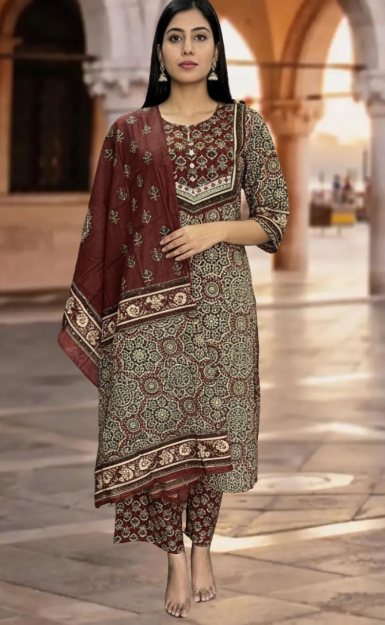 Dark Maroon Ajrakh Jaipur Cotton Kurti With Pant And Dupatta Set. Pure Versatile Cotton. | Laces and Frills - Laces and Frills