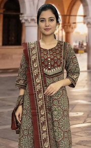 Dark Maroon Ajrakh Jaipur Cotton Kurti With Pant And Dupatta Set. Pure Versatile Cotton. | Laces and Frills - Laces and Frills