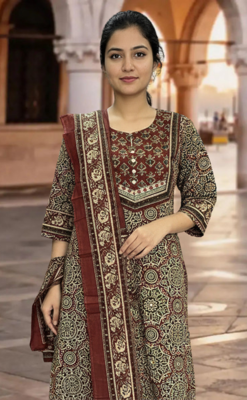 Dark Maroon Ajrakh Jaipur Cotton Kurti With Pant And Dupatta Set. Pure Versatile Cotton. | Laces and Frills - Laces and Frills