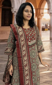 Dark Maroon Ajrakh Jaipur Cotton Kurti With Pant And Dupatta Set. Pure Versatile Cotton. | Laces and Frills - Laces and Frills