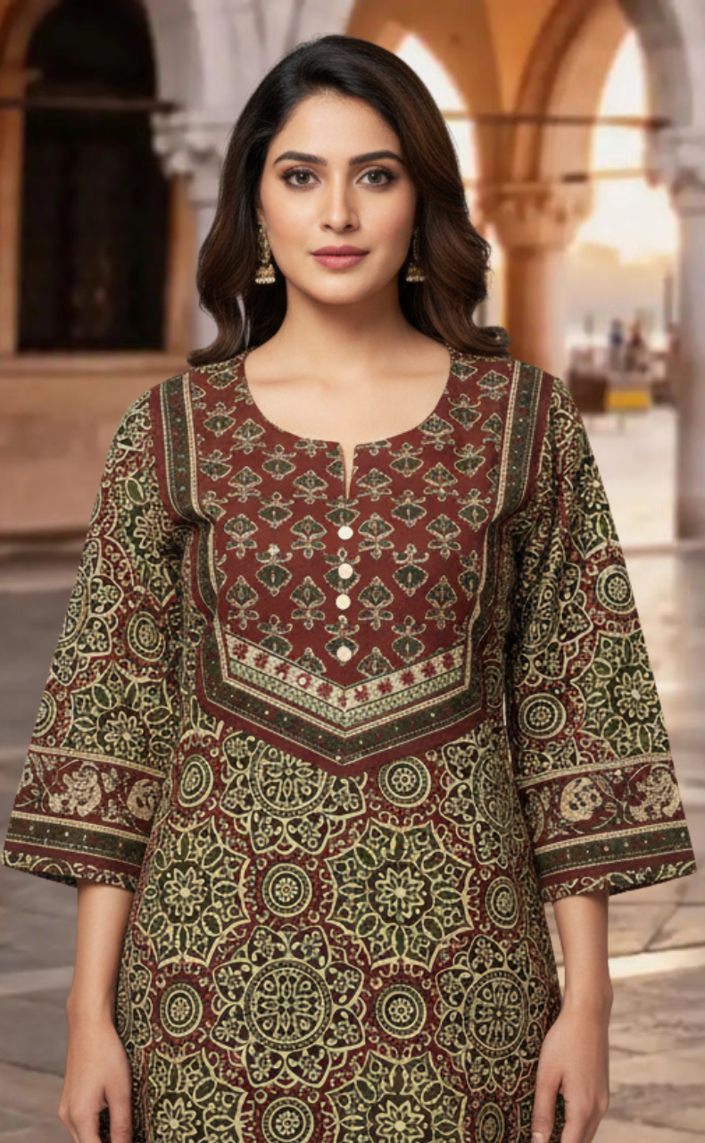 Dark Maroon Ajrakh Jaipur Cotton Kurti With Pant And Dupatta Set. Pure Versatile Cotton. | Laces and Frills - Laces and Frills