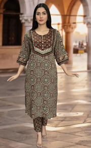 Dark Maroon Ajrakh Jaipur Cotton Kurti With Pant And Dupatta Set. Pure Versatile Cotton. | Laces and Frills - Laces and Frills