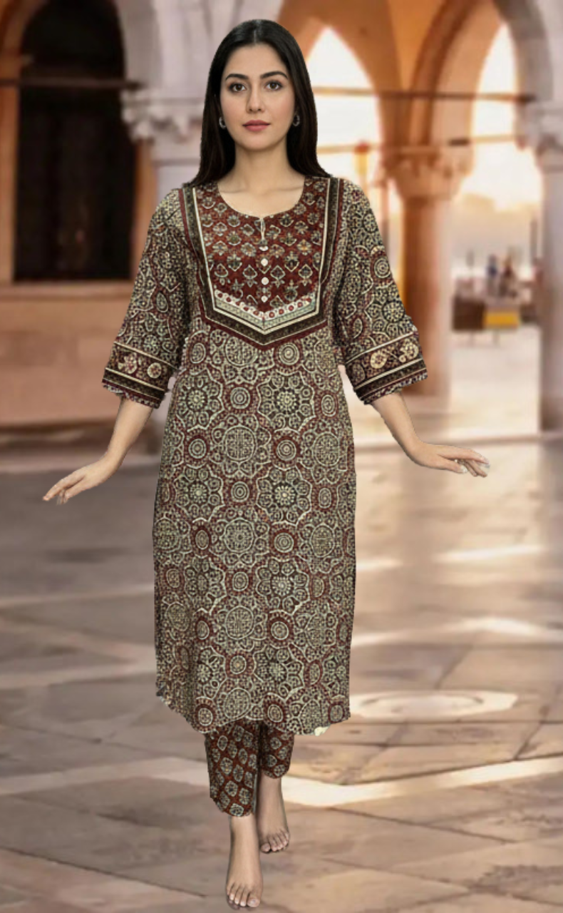 Dark Maroon Ajrakh Jaipur Cotton Kurti With Pant And Dupatta Set. Pure Versatile Cotton. | Laces and Frills - Laces and Frills