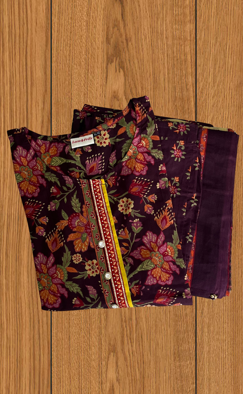 Dark Maroon Garden Jaipur Cotton Kurti With Pant And Dupatta Set. Pure Versatile Cotton. | Laces and Frills