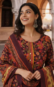 Dark Maroon Garden Jaipur Cotton Kurti With Pant And Dupatta Set. Pure Versatile Cotton. | Laces and Frills - Laces and Frills