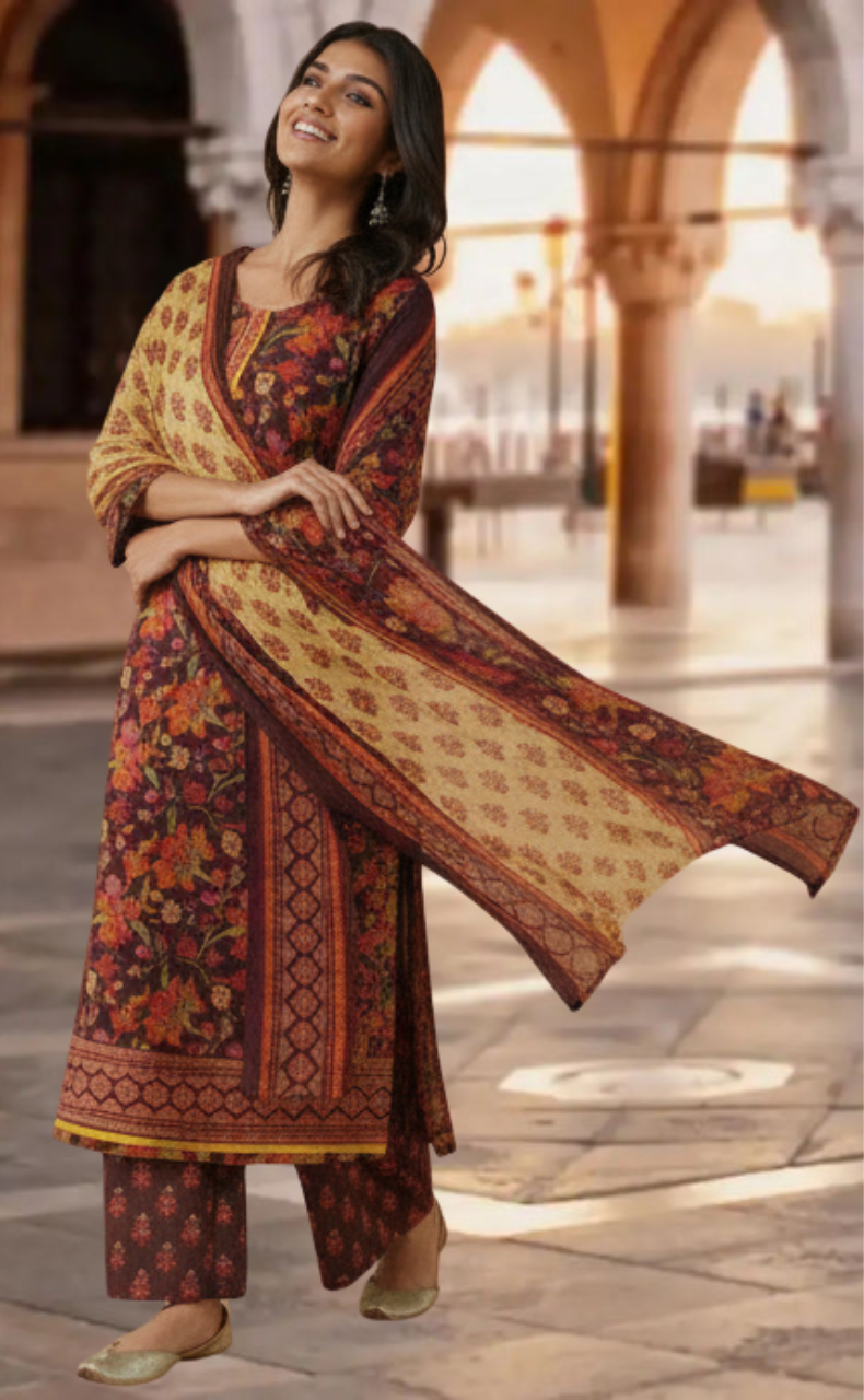 Dark Maroon Garden Jaipur Cotton Kurti With Pant And Dupatta Set. Pure Versatile Cotton. | Laces and Frills - Laces and Frills