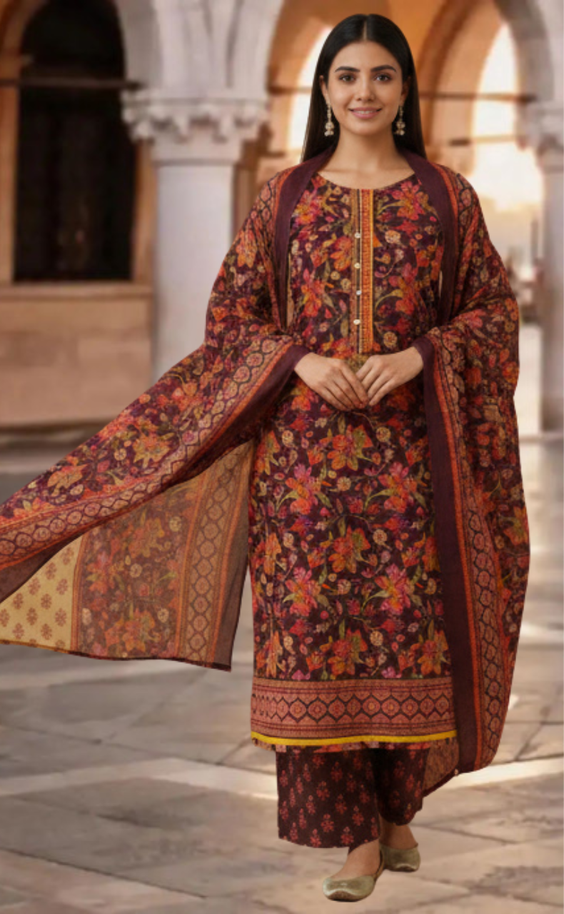 Dark Maroon Garden Jaipur Cotton Kurti With Pant And Dupatta Set. Pure Versatile Cotton. | Laces and Frills - Laces and Frills