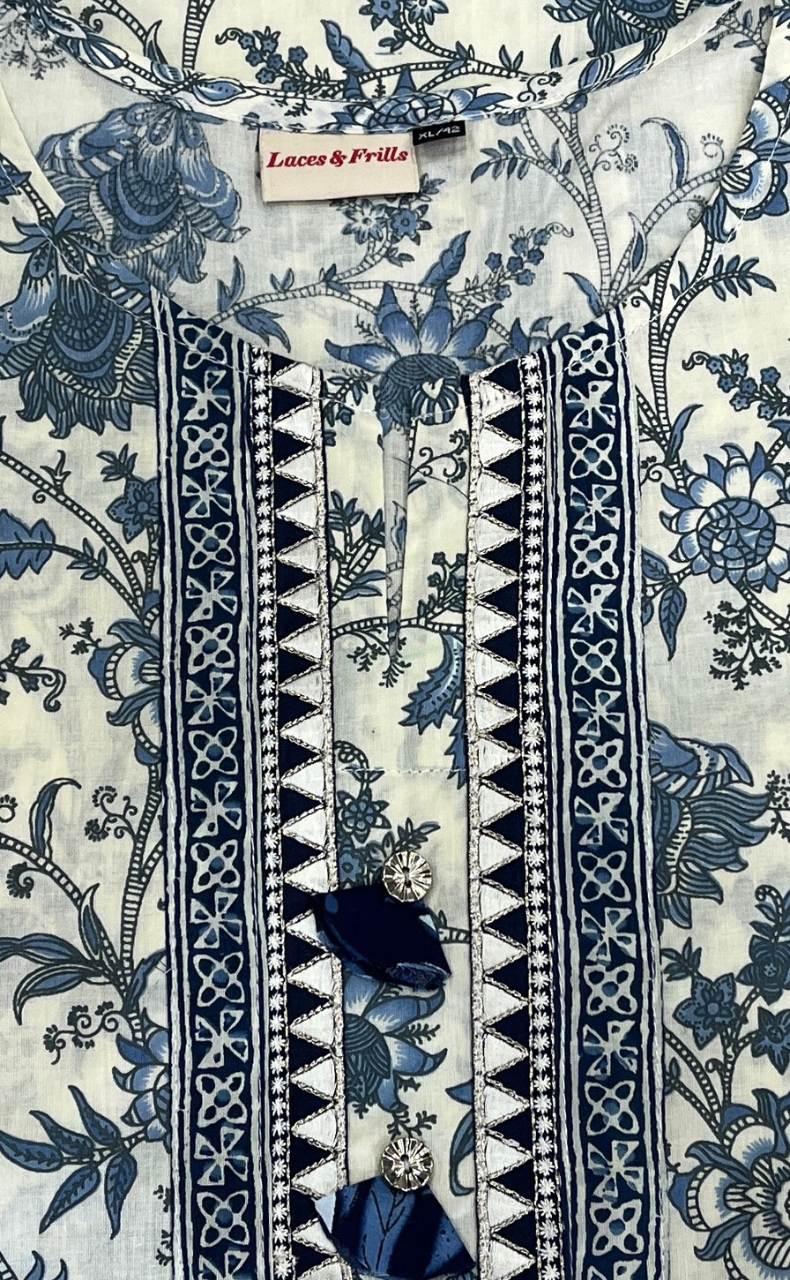 Blue Garden Jaipur Cotton Kurti With Pant And Dupatta Set. Pure Versatile Cotton. | Laces and Frills - Laces and Frills