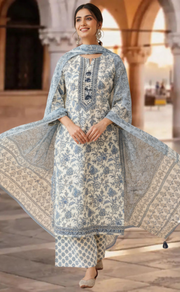 Blue Garden Jaipur Cotton Kurti With Pant And Dupatta Set. Pure Versatile Cotton. | Laces and Frills - Laces and Frills