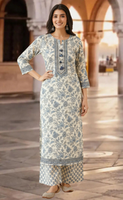 Blue Garden Jaipur Cotton Kurti With Pant And Dupatta Set. Pure Versatile Cotton. | Laces and Frills - Laces and Frills