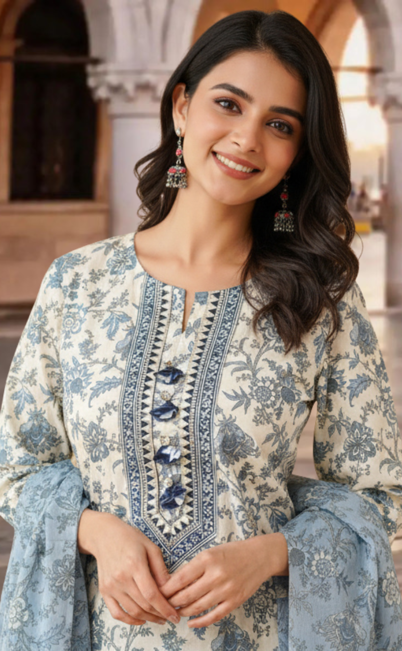 Blue Garden Jaipur Cotton Kurti With Pant And Dupatta Set. Pure Versatile Cotton. | Laces and Frills - Laces and Frills