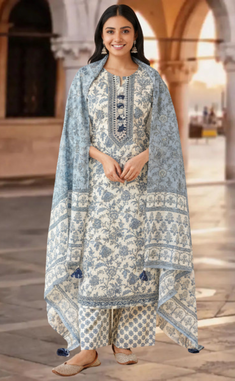 Blue Garden Jaipur Cotton Kurti With Pant And Dupatta Set. Pure Versatile Cotton. | Laces and Frills - Laces and Frills