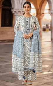 Blue Garden Jaipur Cotton Kurti With Pant And Dupatta Set. Pure Versatile Cotton. | Laces and Frills - Laces and Frills