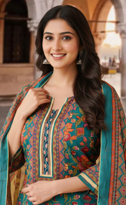 Teal Green Garden Jaipur Cotton Kurti With Pant And Dupatta Set. Pure Versatile Cotton. | Laces and Frills - Laces and Frills