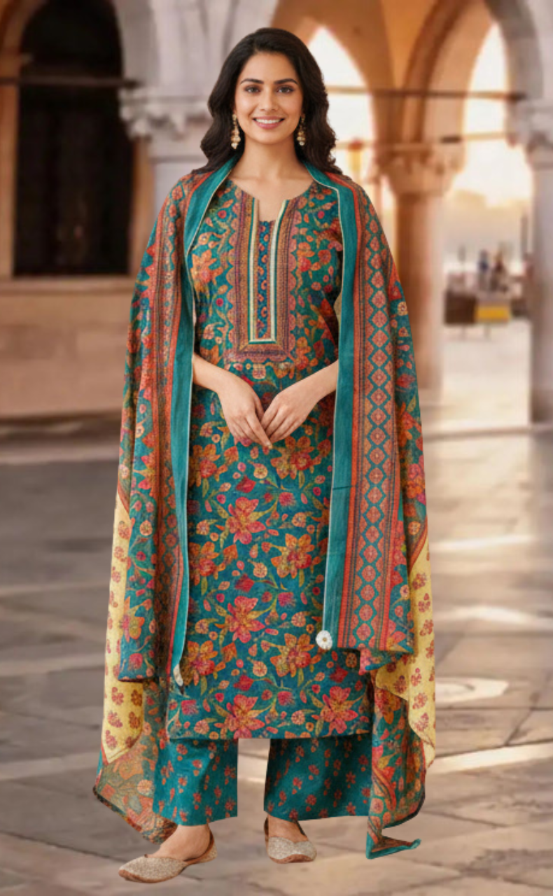 Teal Green Garden Jaipur Cotton Kurti With Pant And Dupatta Set. Pure Versatile Cotton. | Laces and Frills - Laces and Frills