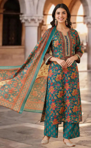 Teal Green Garden Jaipur Cotton Kurti With Pant And Dupatta Set. Pure Versatile Cotton. | Laces and Frills - Laces and Frills
