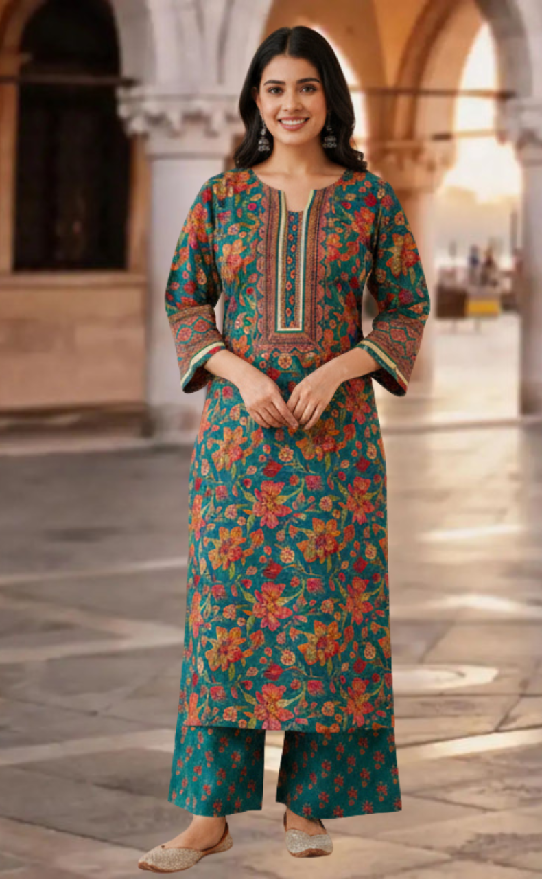 Teal Green Garden Jaipur Cotton Kurti With Pant And Dupatta Set. Pure Versatile Cotton. | Laces and Frills - Laces and Frills