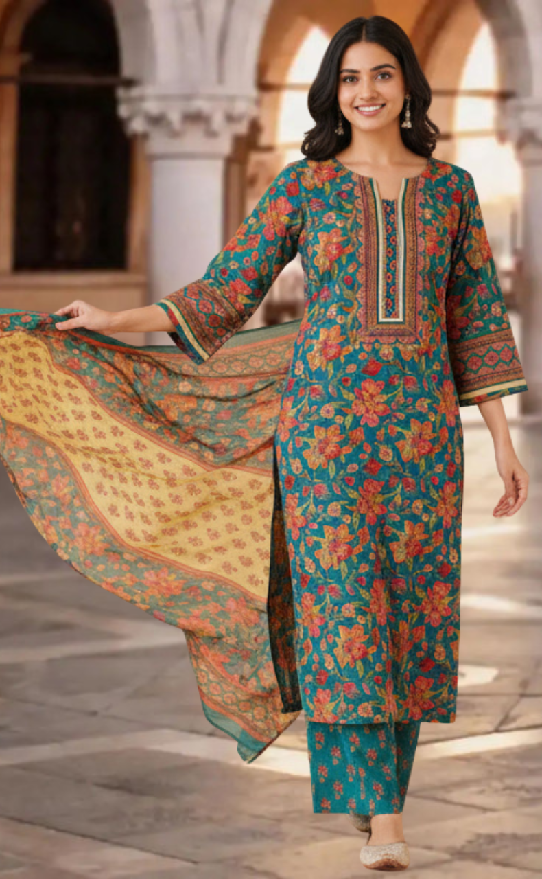 Teal Green Garden Jaipur Cotton Kurti With Pant And Dupatta Set. Pure Versatile Cotton. | Laces and Frills - Laces and Frills