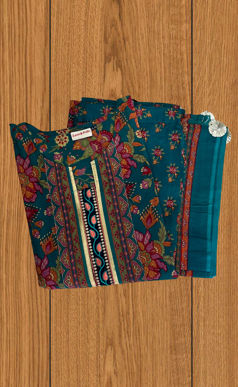 Teal Green Garden Jaipur Cotton Kurti With Pant And Dupatta Set. Pure Versatile Cotton. | Laces and Frills - Laces and Frills