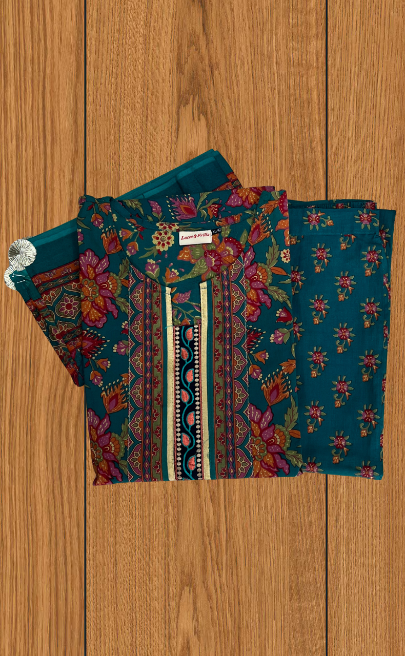 Teal Green Garden Jaipur Cotton Kurti With Pant And Dupatta Set. Pure Versatile Cotton. | Laces and Frills - Laces and Frills