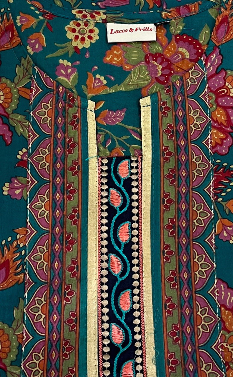 Teal Green Garden Jaipur Cotton Kurti With Pant And Dupatta Set. Pure Versatile Cotton. | Laces and Frills - Laces and Frills