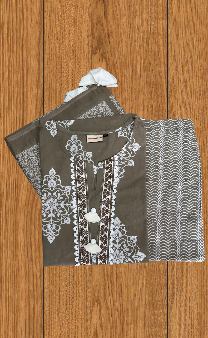 Beige Floral Jaipur Cotton Kurti With Pant And Dupatta Set. Pure Versatile Cotton. | Laces and Frills - Laces and Frills