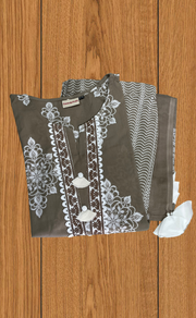 Beige Floral Jaipur Cotton Kurti With Pant And Dupatta Set. Pure Versatile Cotton. | Laces and Frills - Laces and Frills
