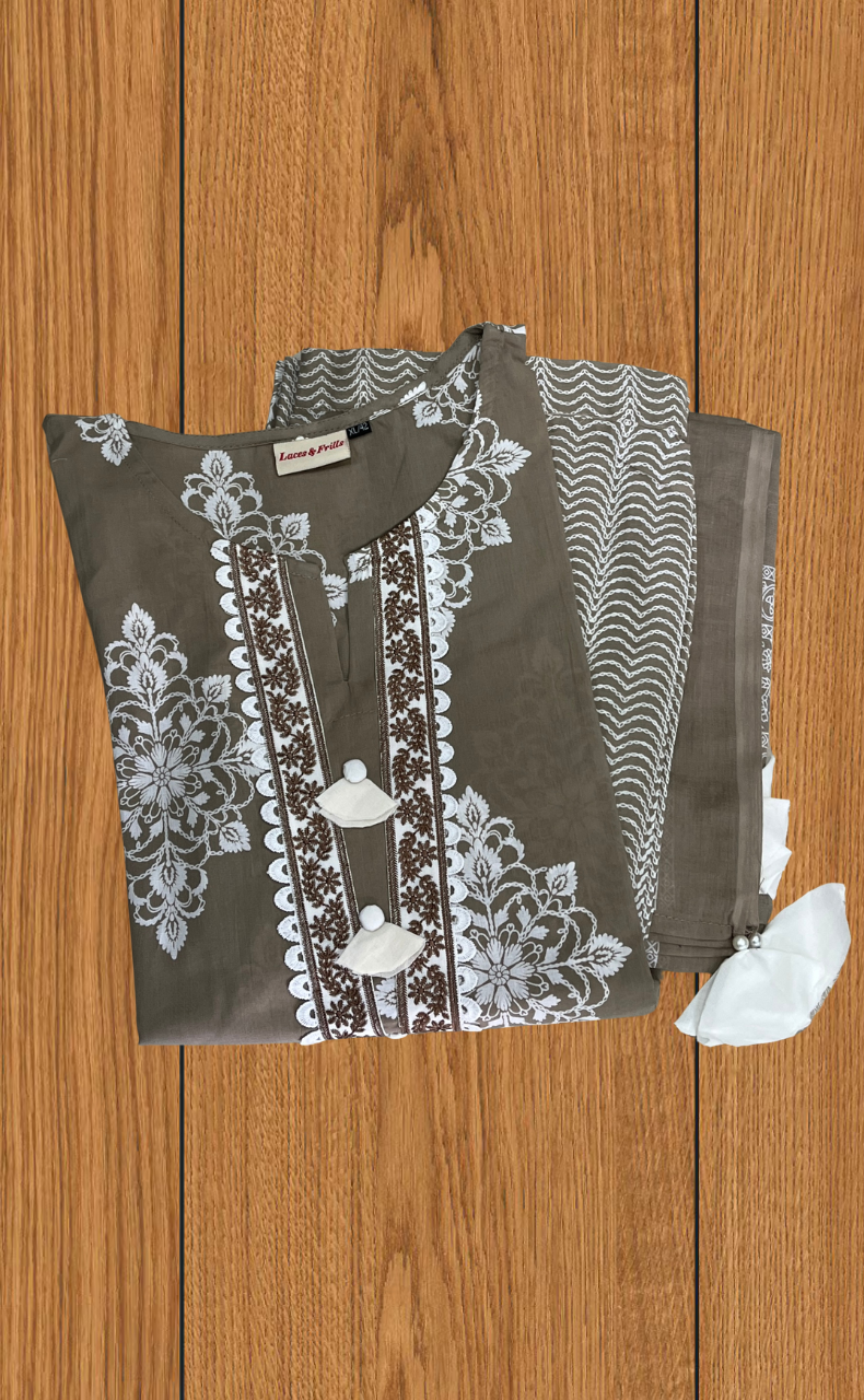 Beige Floral Jaipur Cotton Kurti With Pant And Dupatta Set. Pure Versatile Cotton. | Laces and Frills - Laces and Frills