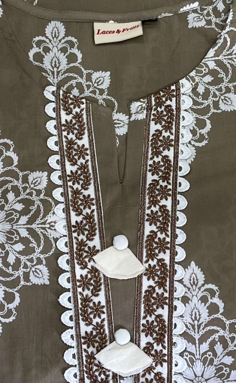 Beige Floral Jaipur Cotton Kurti With Pant And Dupatta Set. Pure Versatile Cotton. | Laces and Frills - Laces and Frills