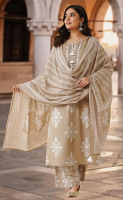Beige Floral Jaipur Cotton Kurti With Pant And Dupatta Set. Pure Versatile Cotton. | Laces and Frills - Laces and Frills