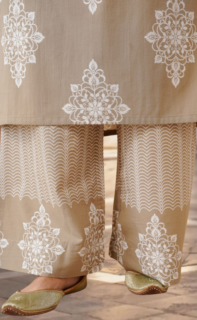 Beige Floral Jaipur Cotton Kurti With Pant And Dupatta Set. Pure Versatile Cotton. | Laces and Frills - Laces and Frills