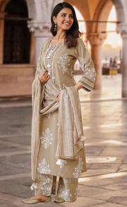 Beige Floral Jaipur Cotton Kurti With Pant And Dupatta Set. Pure Versatile Cotton. | Laces and Frills - Laces and Frills