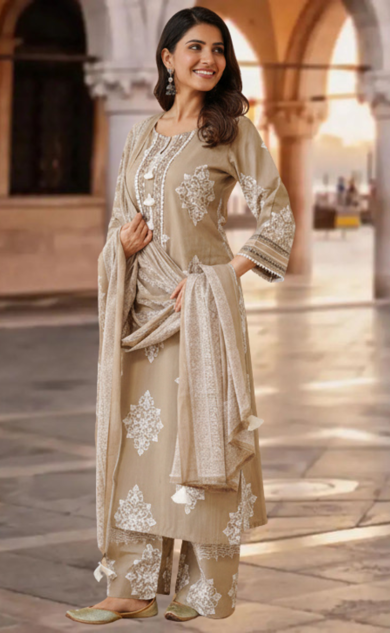 Beige Floral Jaipur Cotton Kurti With Pant And Dupatta Set. Pure Versatile Cotton. | Laces and Frills - Laces and Frills