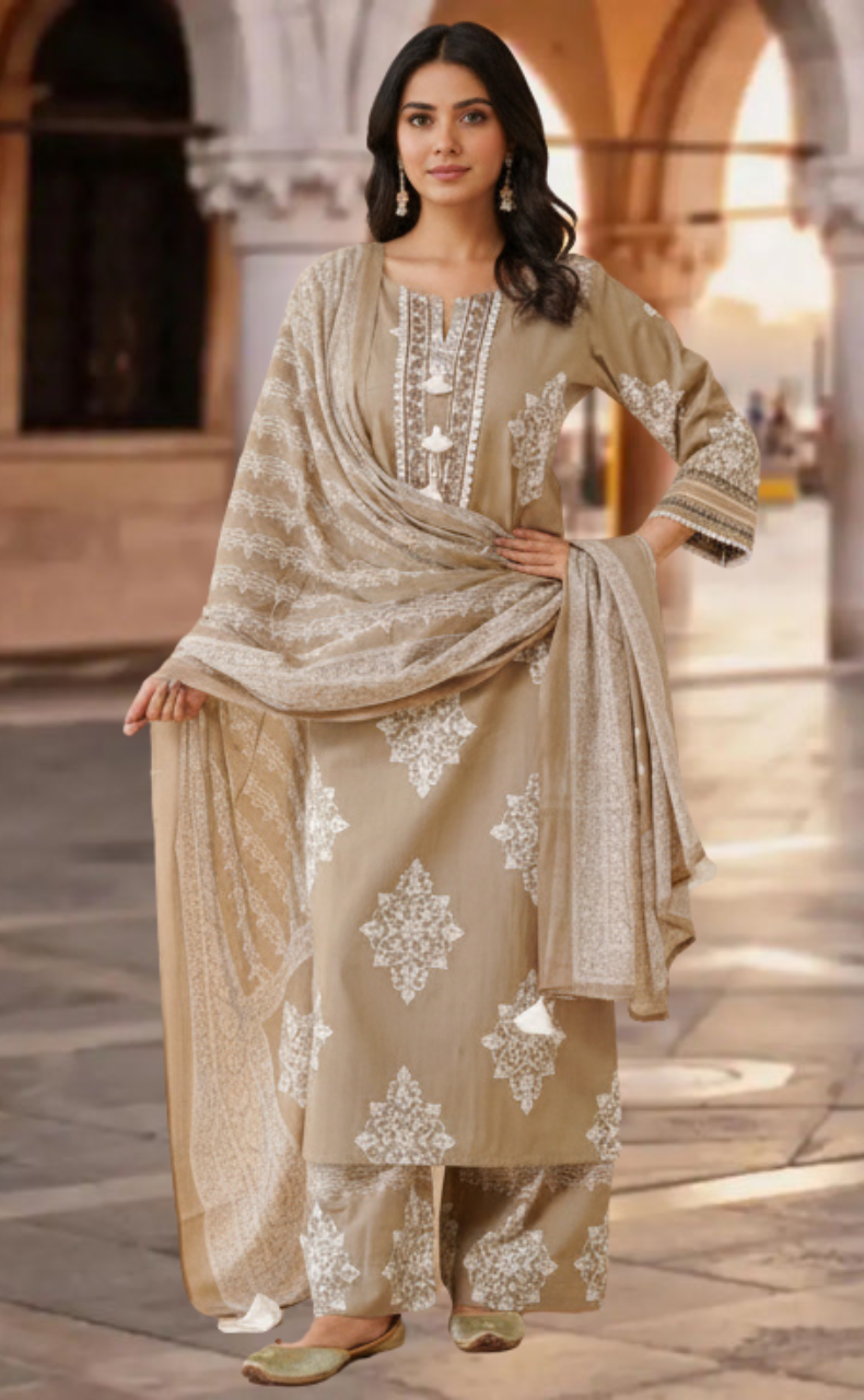 Beige Floral Jaipur Cotton Kurti With Pant And Dupatta Set. Pure Versatile Cotton. | Laces and Frills - Laces and Frills