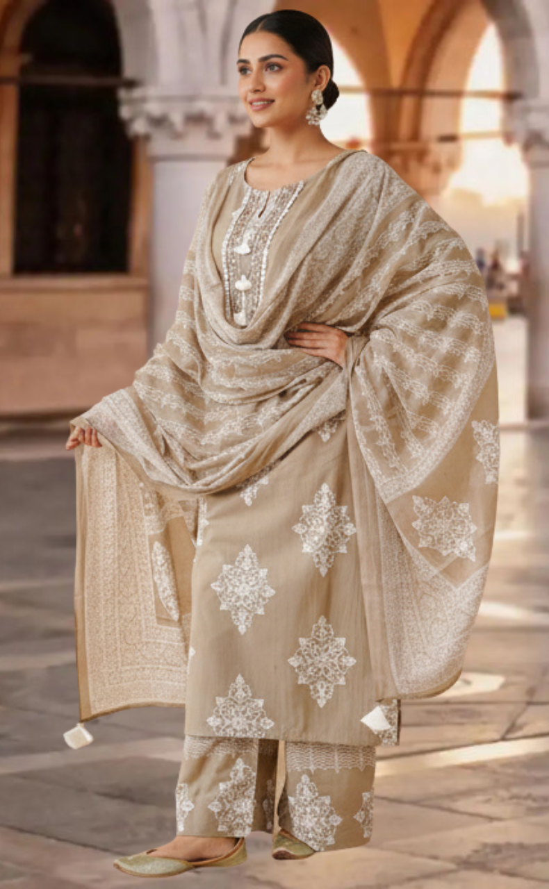 Beige Floral Jaipur Cotton Kurti With Pant And Dupatta Set. Pure Versatile Cotton. | Laces and Frills - Laces and Frills