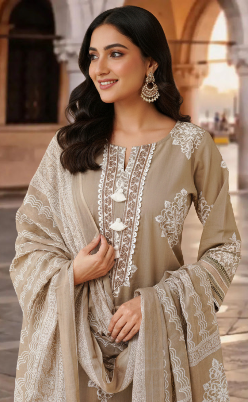 Beige Floral Jaipur Cotton Kurti With Pant And Dupatta Set. Pure Versatile Cotton. | Laces and Frills - Laces and Frills