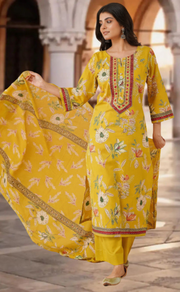 Citrine Yellow Garden Jaipur Cotton Kurti With Pant And Dupatta Set. Pure Versatile Cotton. | Laces and Frills - Laces and Frills