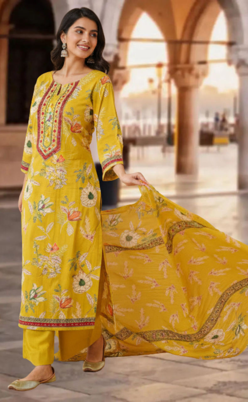 Citrine Yellow Garden Jaipur Cotton Kurti With Pant And Dupatta Set. Pure Versatile Cotton. | Laces and Frills - Laces and Frills