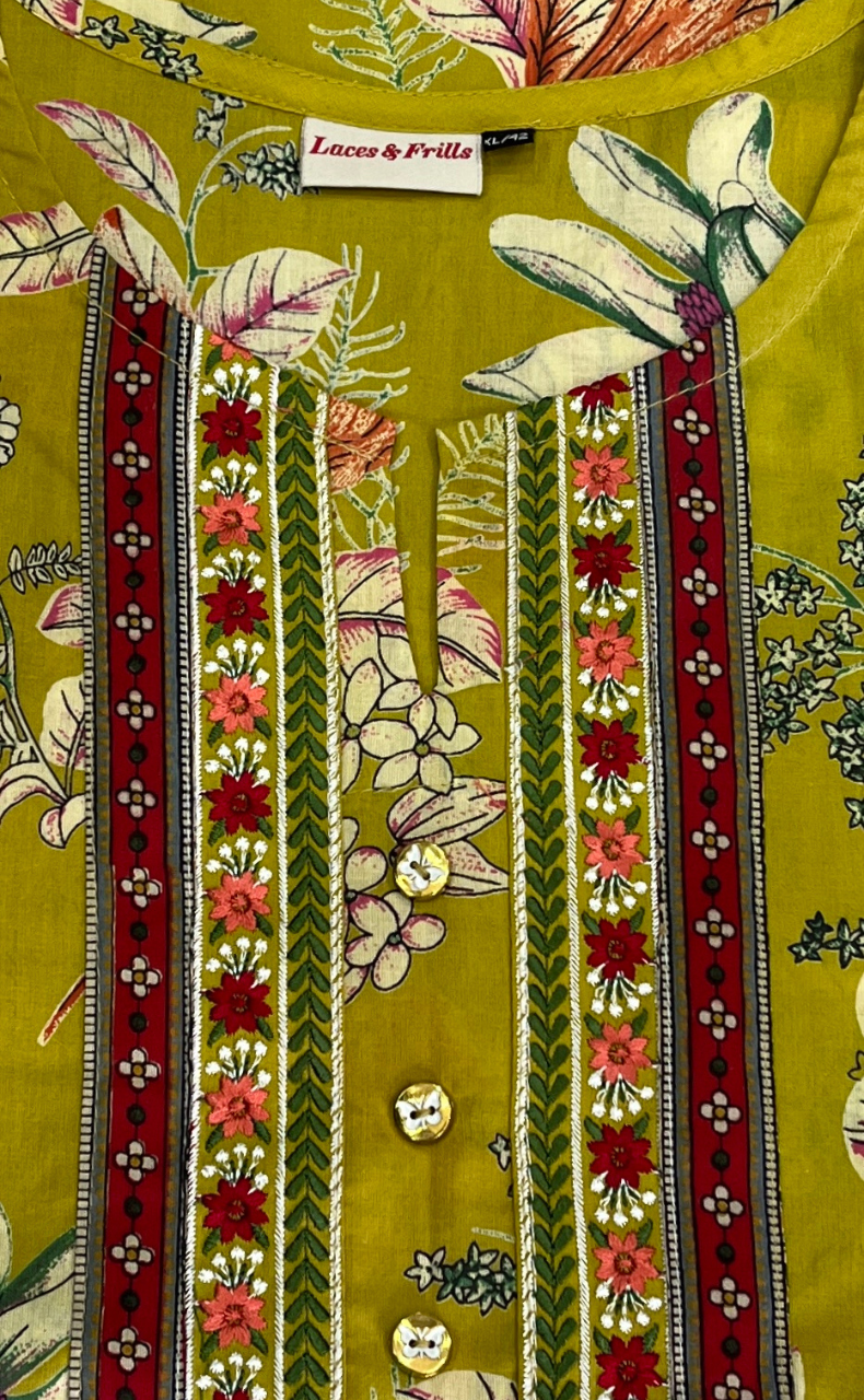Citrine Yellow Garden Jaipur Cotton Kurti With Pant And Dupatta Set. Pure Versatile Cotton. | Laces and Frills - Laces and Frills