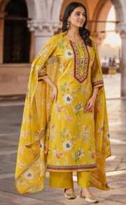 Citrine Yellow Garden Jaipur Cotton Kurti With Pant And Dupatta Set. Pure Versatile Cotton. | Laces and Frills - Laces and Frills