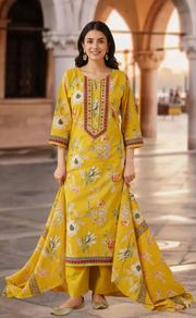 Citrine Yellow Garden Jaipur Cotton Kurti With Pant And Dupatta Set. Pure Versatile Cotton. | Laces and Frills - Laces and Frills