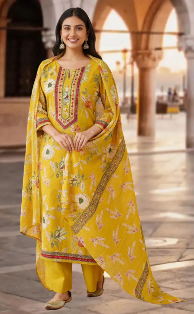 Citrine Yellow Garden Jaipur Cotton Kurti With Pant And Dupatta Set. Pure Versatile Cotton. | Laces and Frills - Laces and Frills