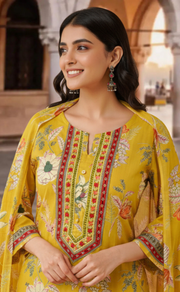 Citrine Yellow Garden Jaipur Cotton Kurti With Pant And Dupatta Set. Pure Versatile Cotton. | Laces and Frills - Laces and Frills