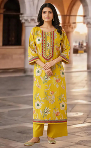Citrine Yellow Garden Jaipur Cotton Kurti With Pant And Dupatta Set. Pure Versatile Cotton. | Laces and Frills - Laces and Frills
