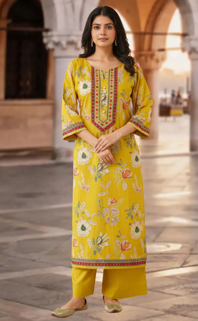 Citrine Yellow Garden Jaipur Cotton Kurti With Pant And Dupatta Set. Pure Versatile Cotton. | Laces and Frills - Laces and Frills
