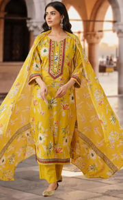 Citrine Yellow Garden Jaipur Cotton Kurti With Pant And Dupatta Set. Pure Versatile Cotton. | Laces and Frills - Laces and Frills
