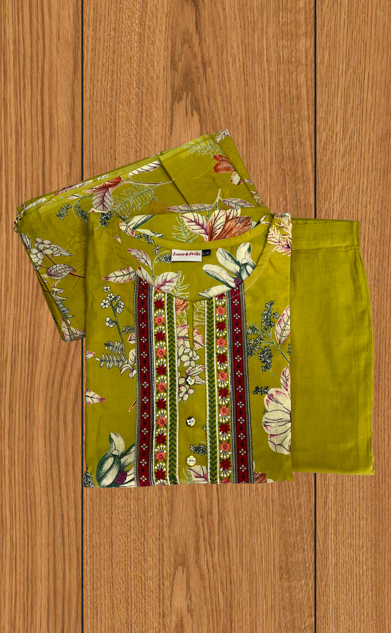 Citrine Yellow Garden Jaipur Cotton Kurti With Pant And Dupatta Set. Pure Versatile Cotton. | Laces and Frills - Laces and Frills