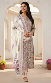 Purple Garden Jaipur Cotton Kurti With Pant And Dupatta Set. Pure Versatile Cotton. | Laces and Frills - Laces and Frills