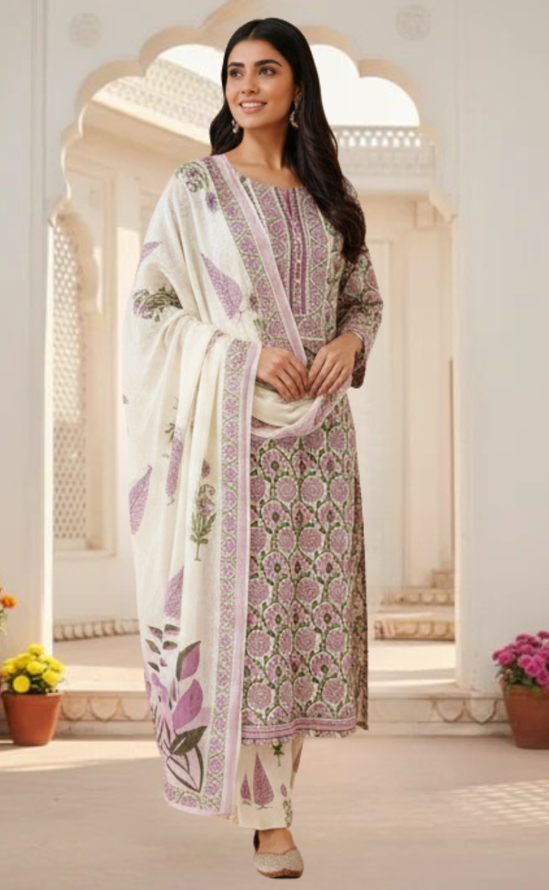 Purple Garden Jaipur Cotton Kurti With Pant And Dupatta Set. Pure Versatile Cotton. | Laces and Frills - Laces and Frills